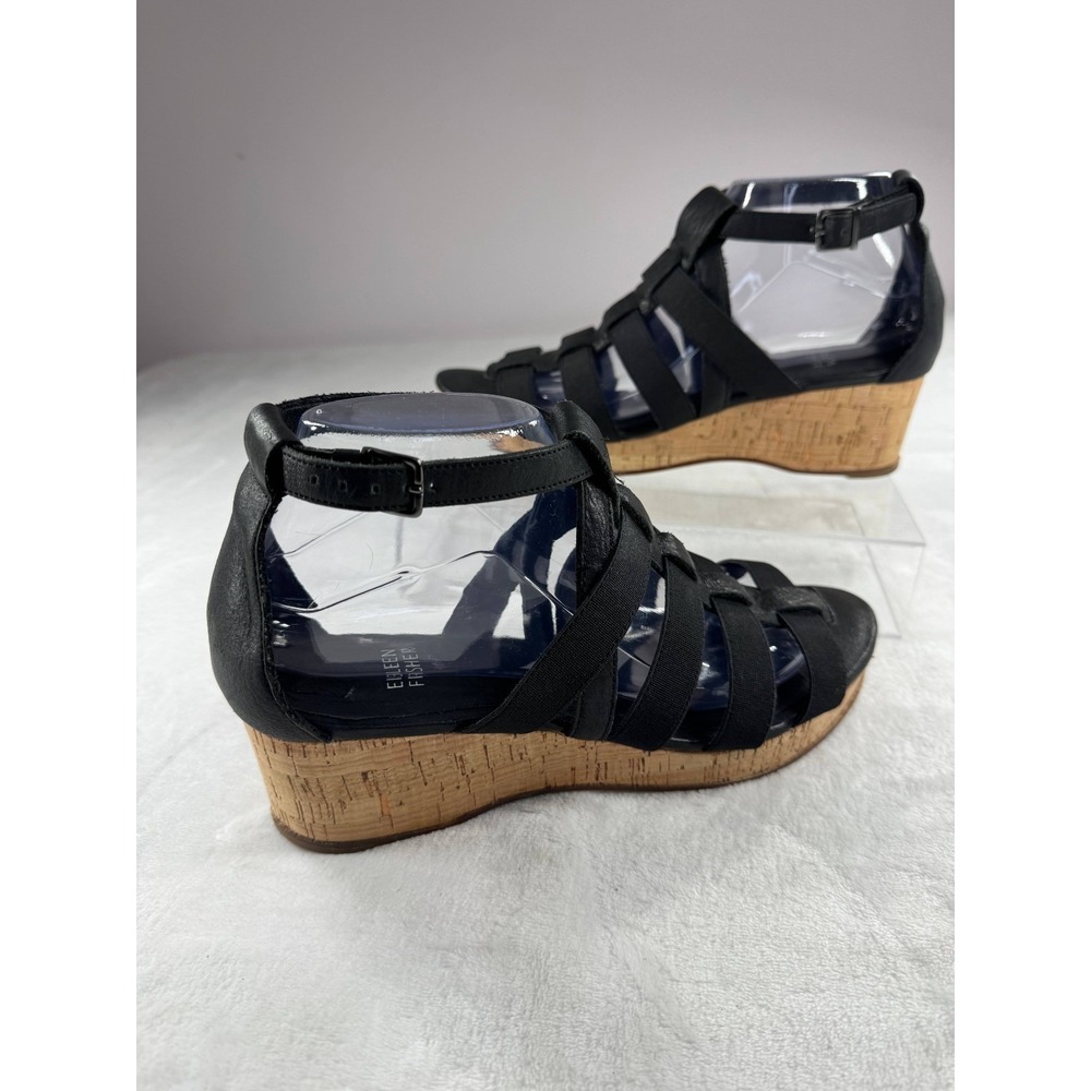 Eileen Fisher Strappy Gladiator Cork Wedge Sandal Women's 8 Black Slingback